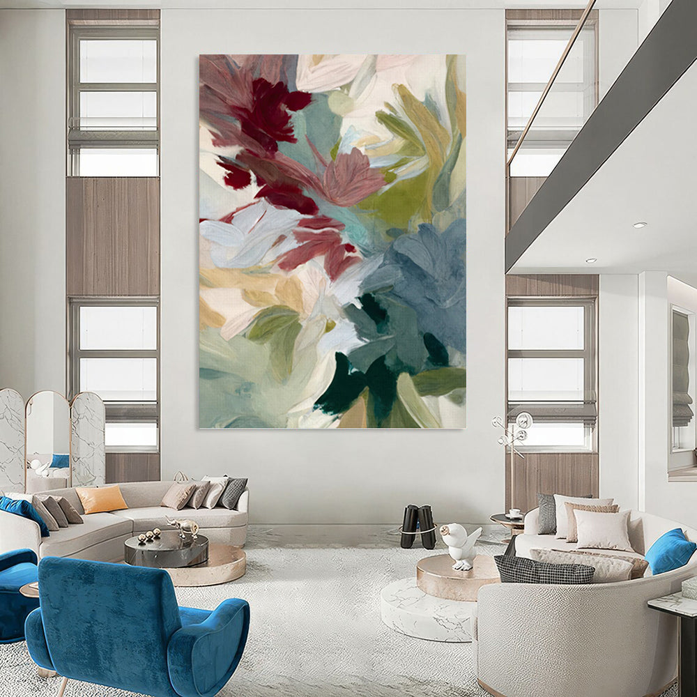 Mauve, Teal, and Green Floral Abstract - Contemporary Flower Painting On Canvas DKH1351