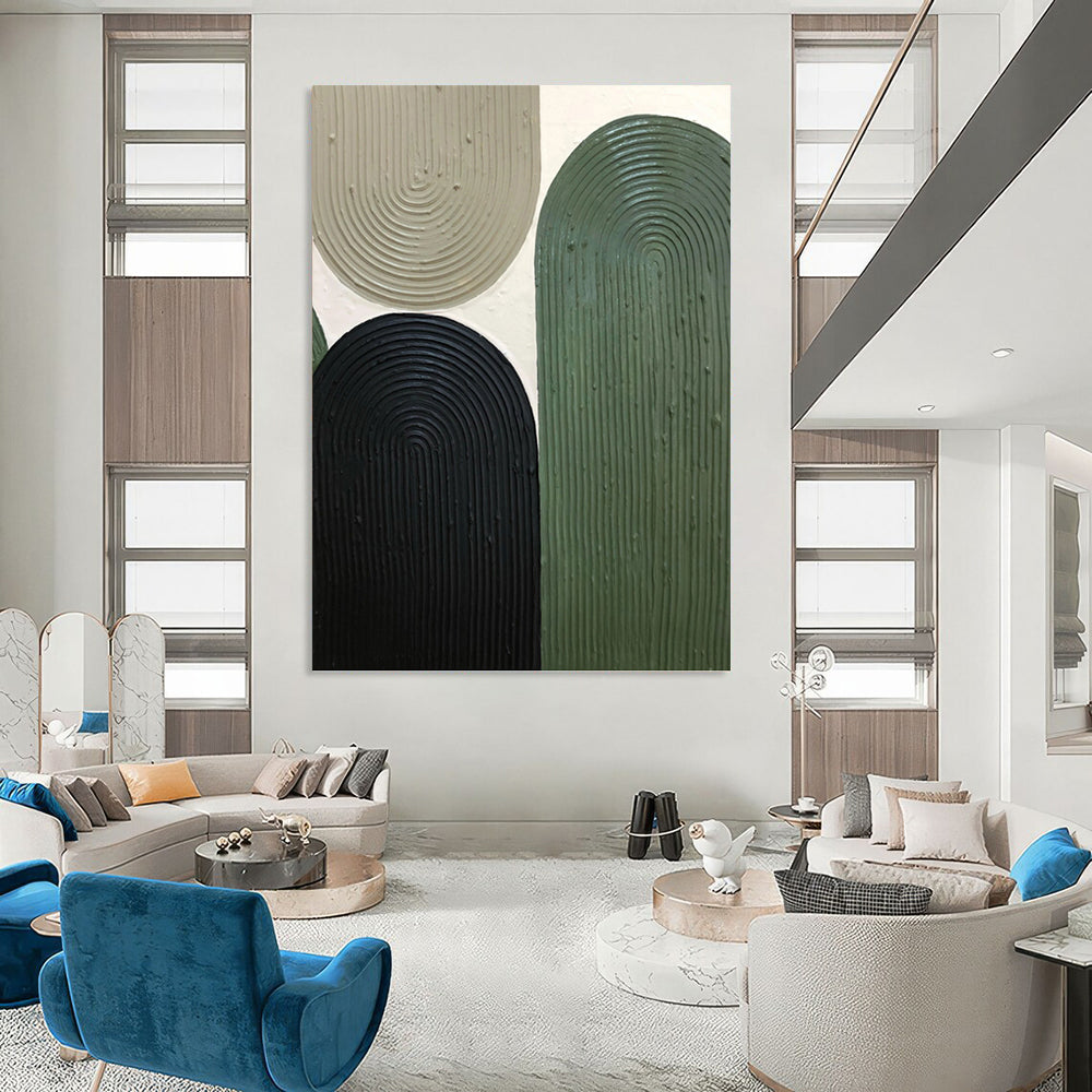 “Nature's Arches” - Beige, Black & Green Ribbed Shapes Painting On Canvas DKH1167