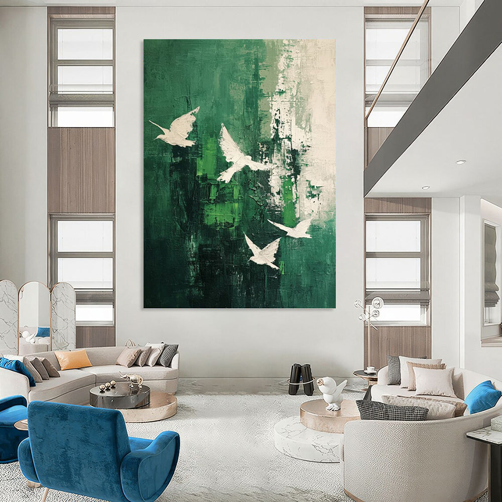 White Doves on Green Abstract - Abstract Painting On Canvas DKH1311