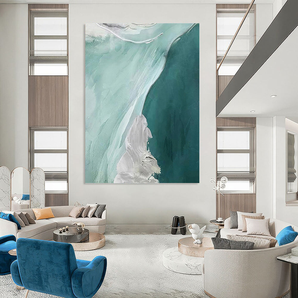 Teal & White Flow - Abstract Seascape Painting On Canvas DKH1236