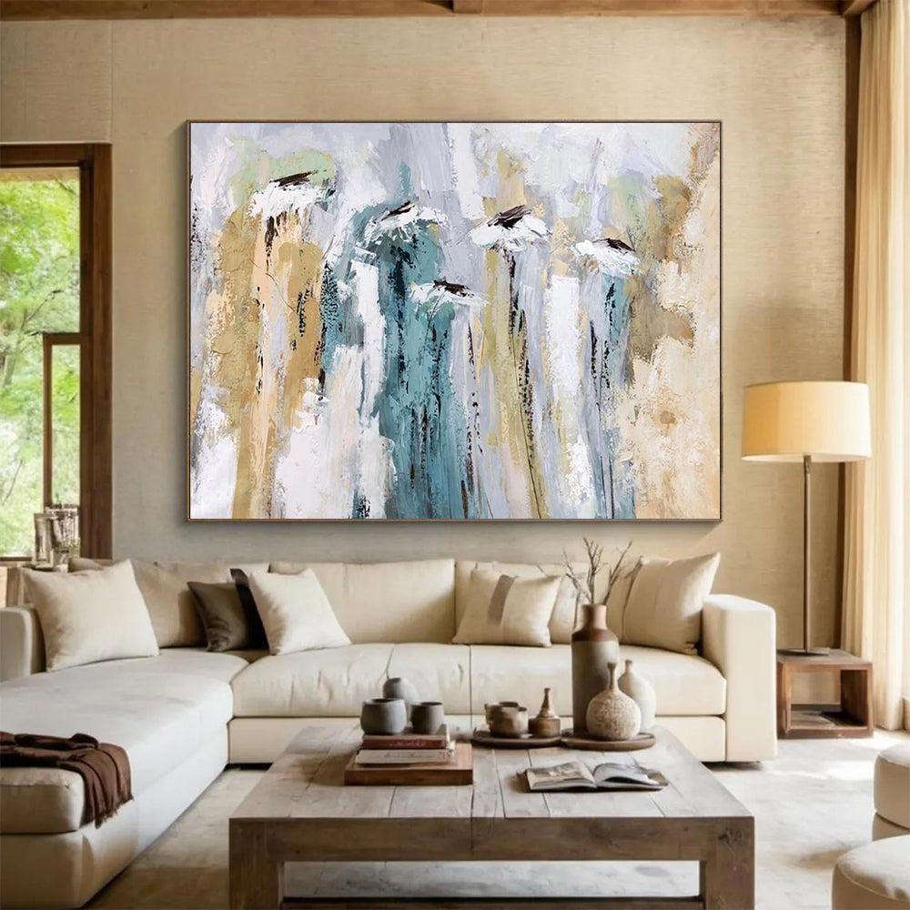 “Soft Blue - Beige Abstract Florals” Abstract Floral Painting On Canvas DLZ155