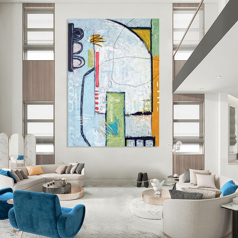 Urban Abstract with Traffic Light Motif - Blues, Greens, and Pops of Red Painting On Canvas CT2374