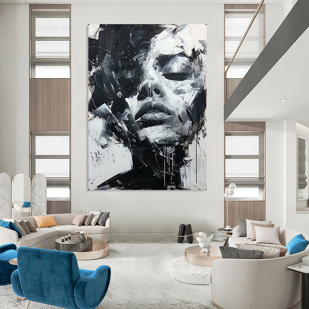 “Dynamic Black - and - White Abstract Face” – Expressive Impasto Portrait Painting On Canvas CT2139