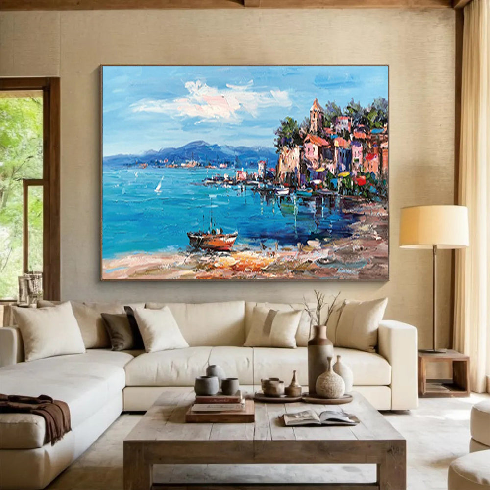 Colorful Coastal Village - Impressionist Seascape Painting On Canvas DLZ230