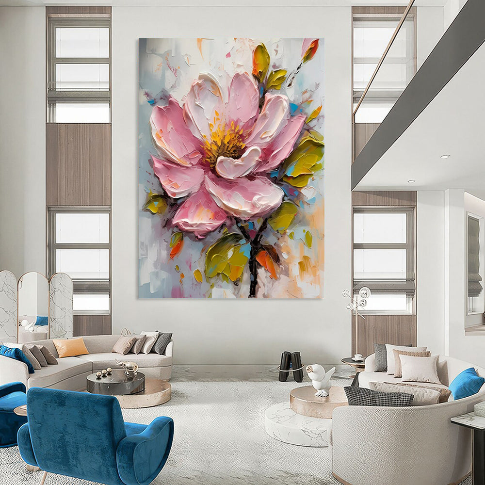 “Pink Blossom in 3D” - Pink, Yellow & Green Flower Painting On Canvas CT2200