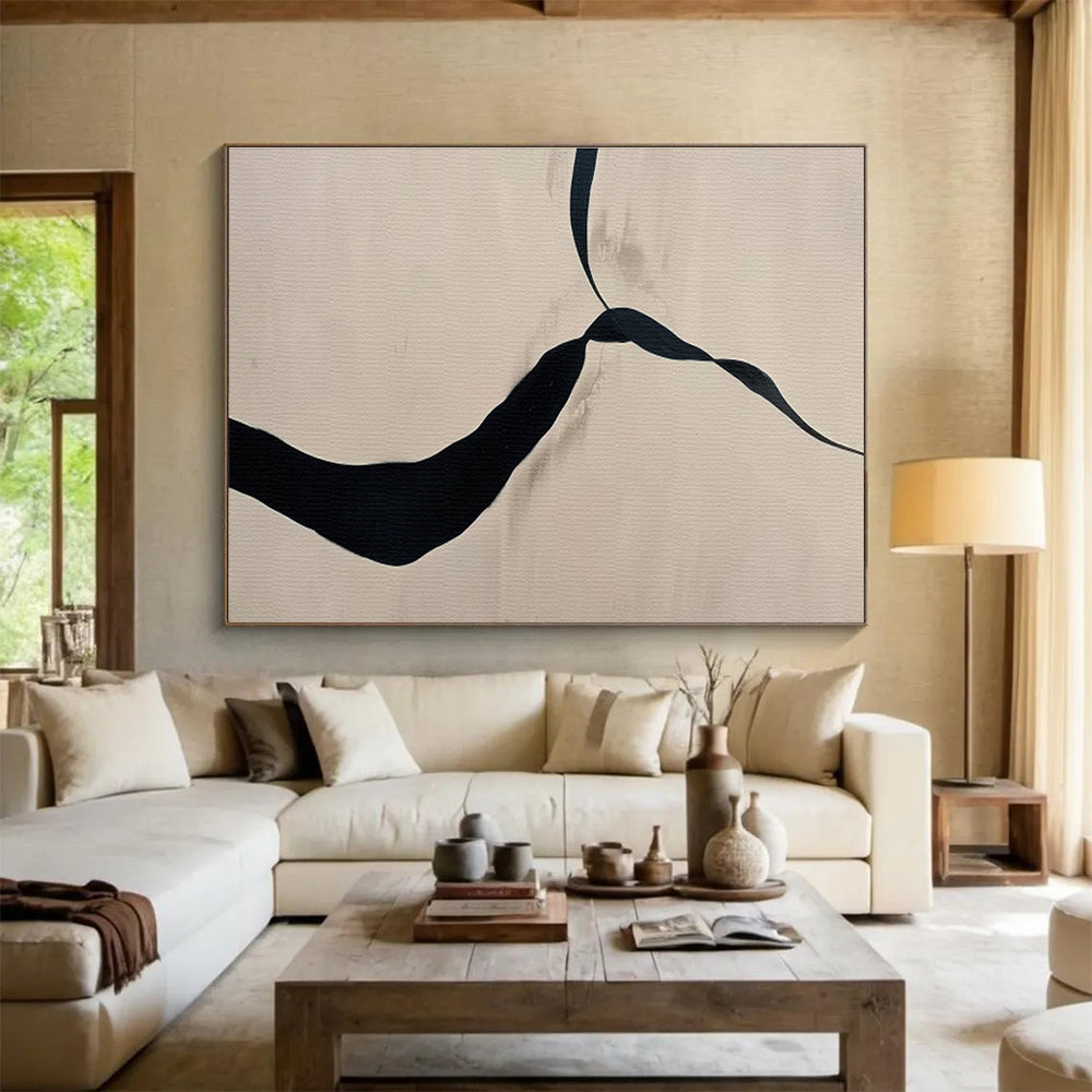 Flowing Black Ribbons in Beige and Black, Abstract Calligraphic - Style Painting On Canvas DKH589