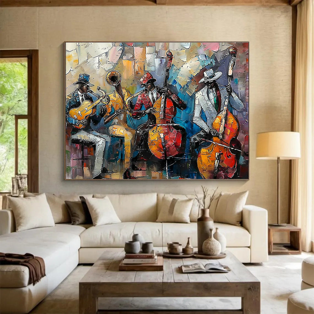 “Colorful Jazz Band” - Vibrant Multicolor Figurative Painting On Canvas DKH761