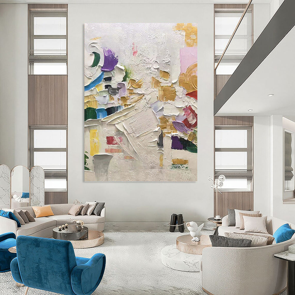 “Vibrant Impasto Mosaic” - White, Gold, Purple, Blue & Red Lively Textured Painting On Canvas DKH1035