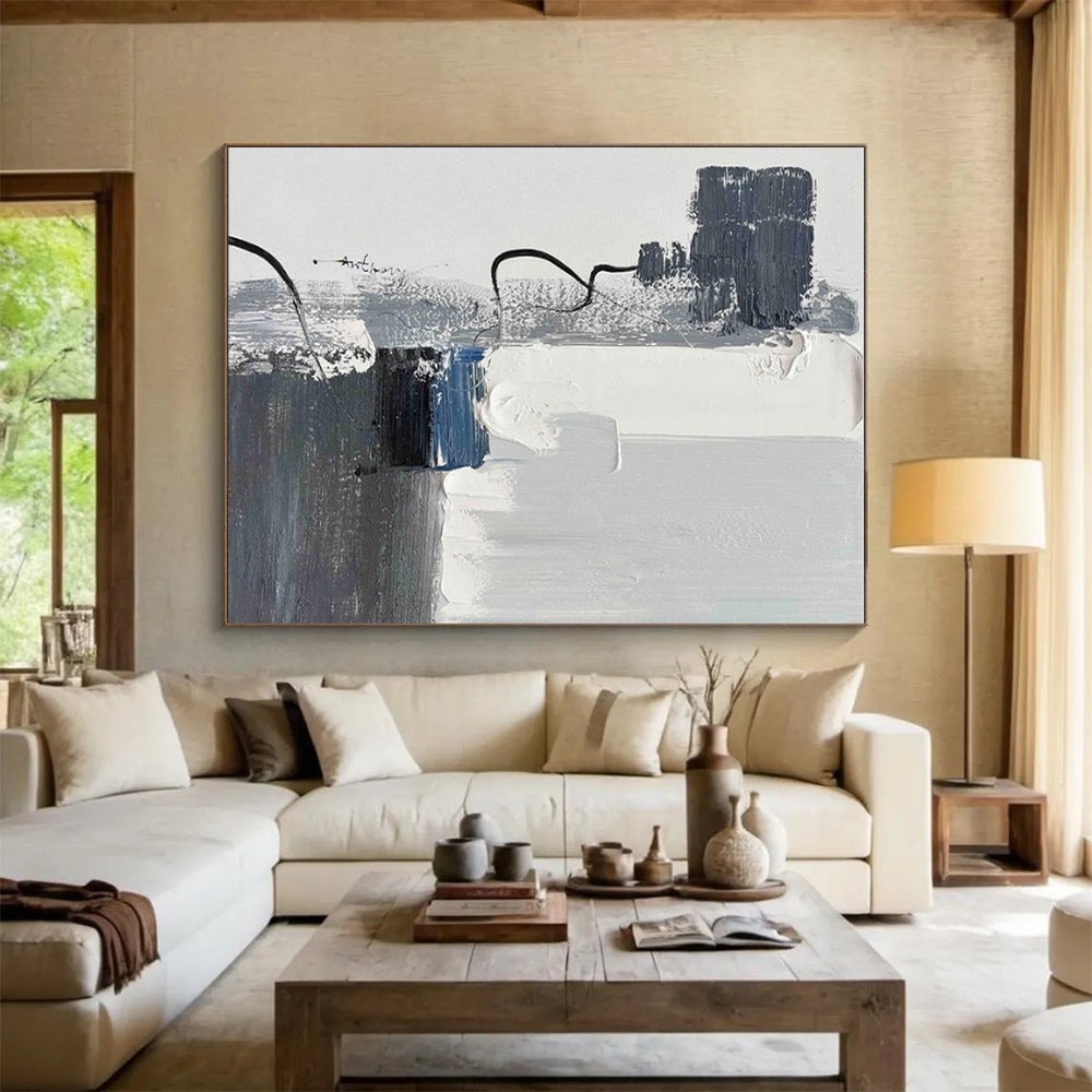 “Gray - White - Blue Abstract Lines” ,Abstract Acrylic Painting CT0790