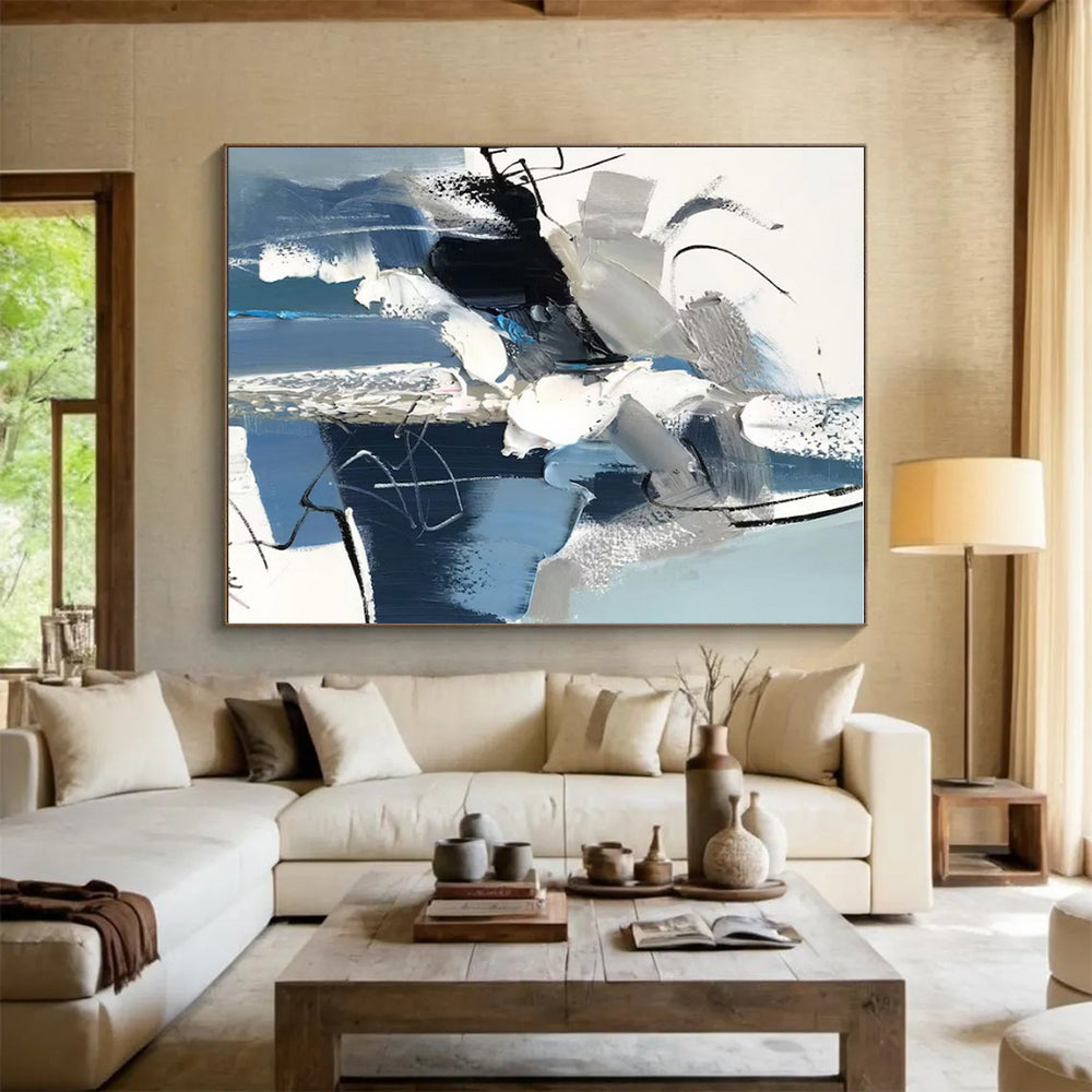 Blue, Gray & White Dynamic Shapes, “Urban Pulse” - Impasto Abstract Painting CT0771