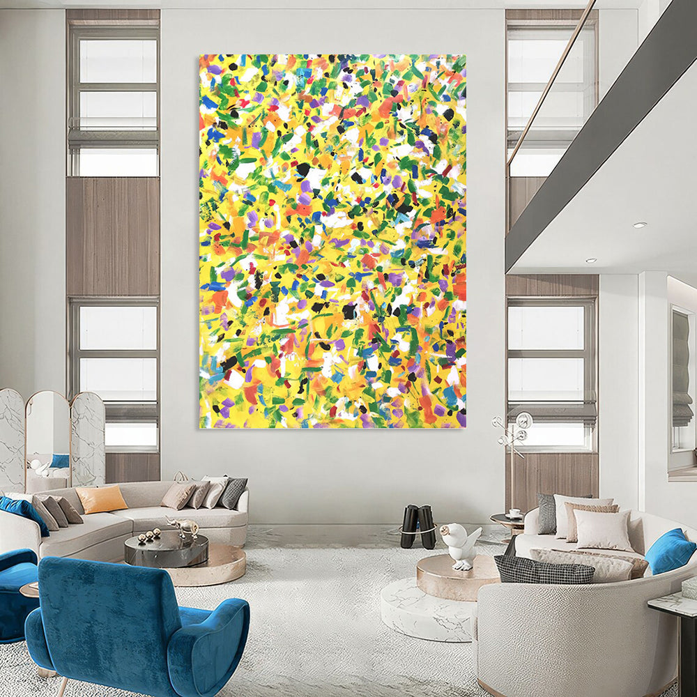 “Yellow Joy” - Bright Yellow Multicolor Abstract Drip Painting On Canvas DKH1571