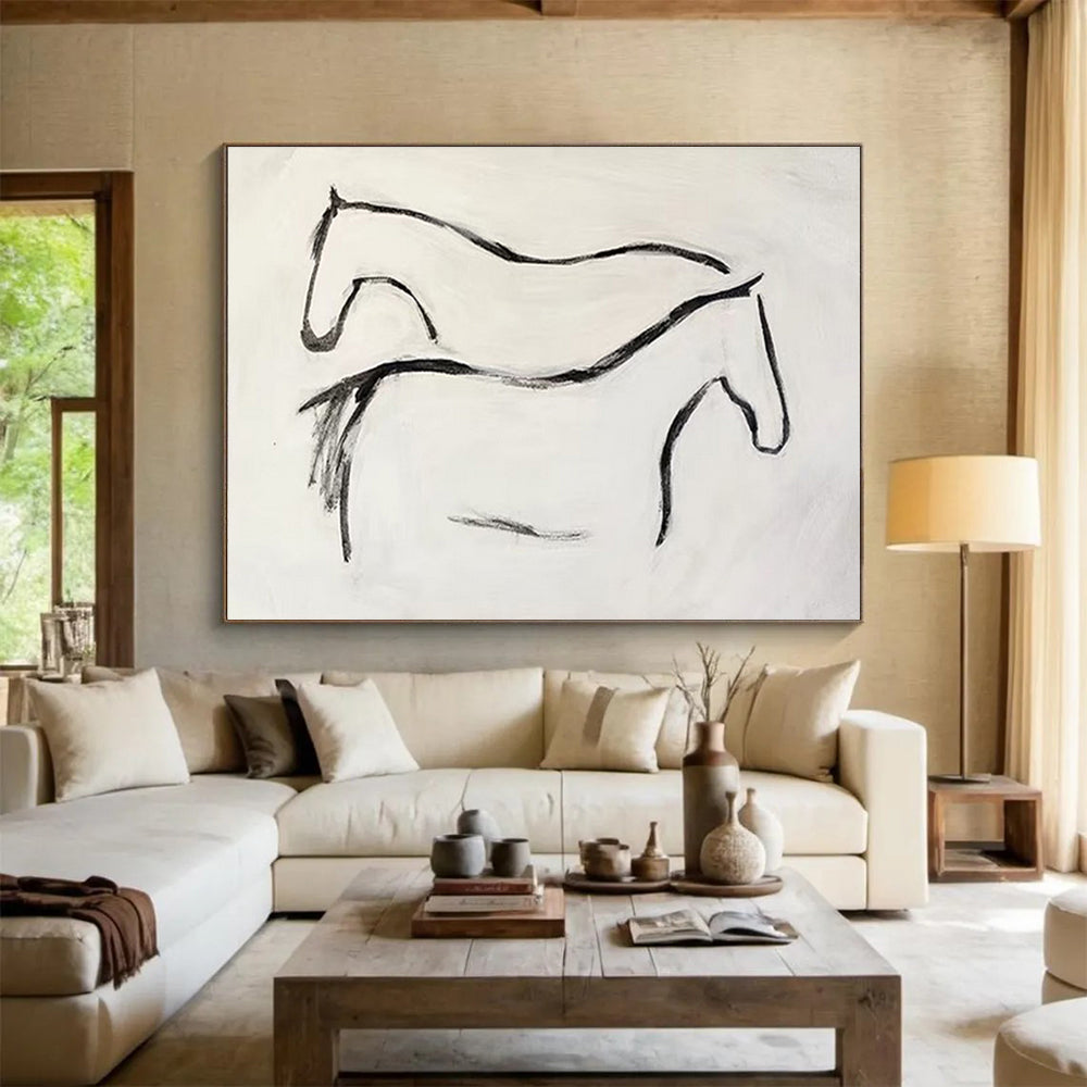 “Ink - Drawn Equine Silhouettes” - Black, White Minimalist Horse Painting On Canvas DKH751