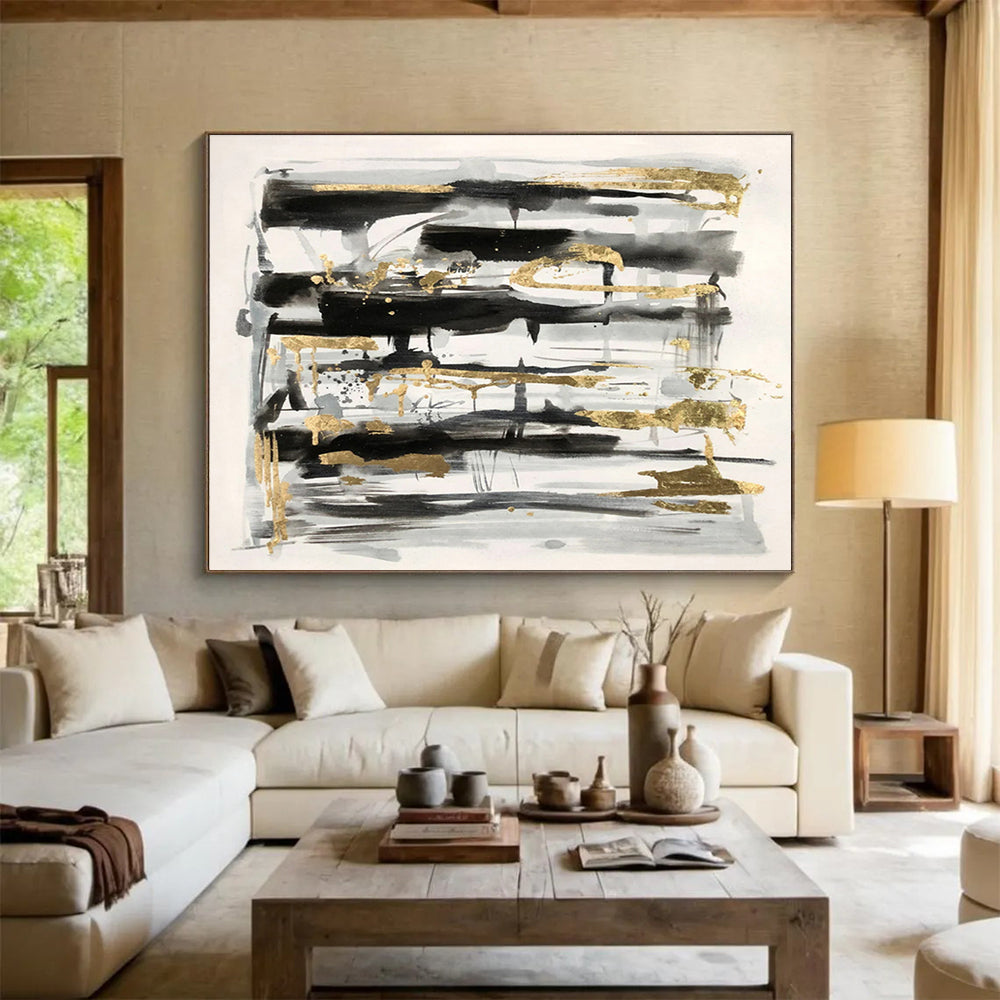 “Black, Gray, and Gold Abstract” - Sophisticated Abstract Painting On Canvas DKH846