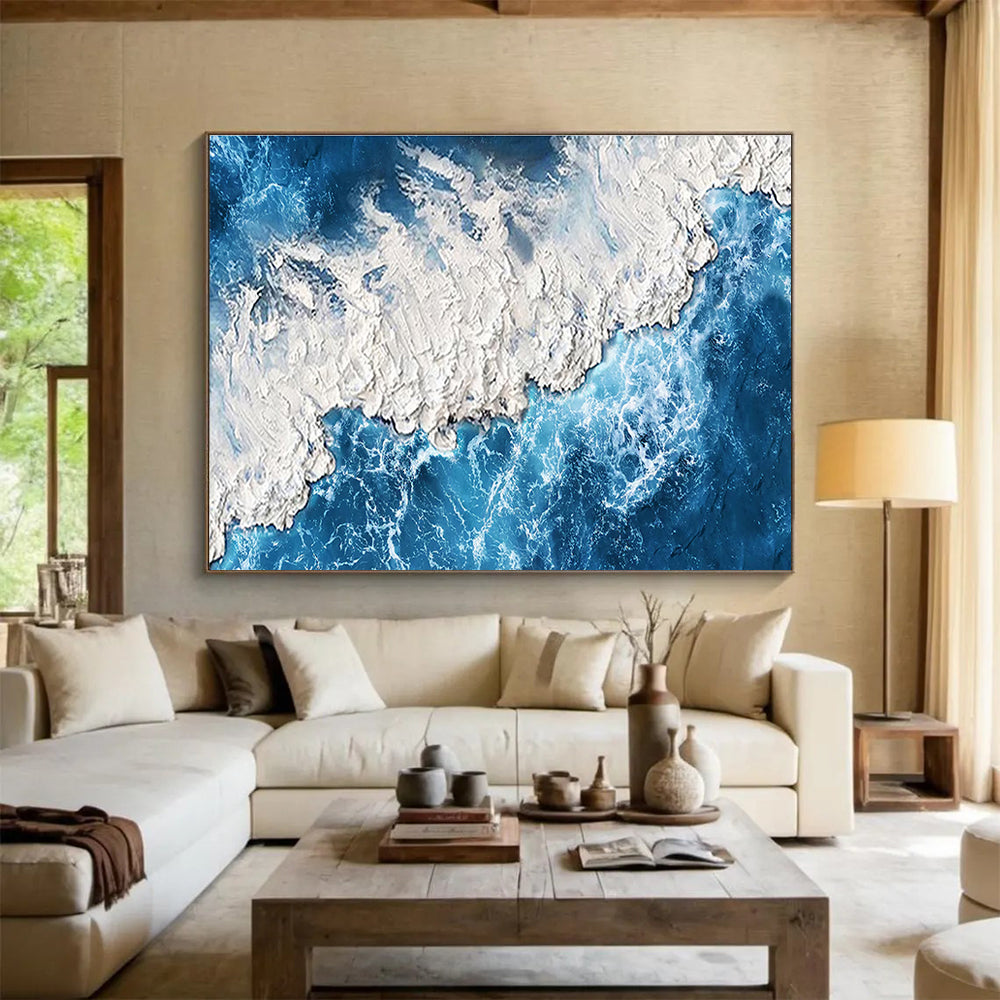 “Textured Blue and White Coastline” - Impressionistic Seascape Painting On Canvas DKH785