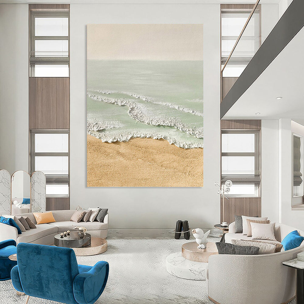 Textured Beach Scene in Beige and Green - Landscape Painting On Canvas DKH1489