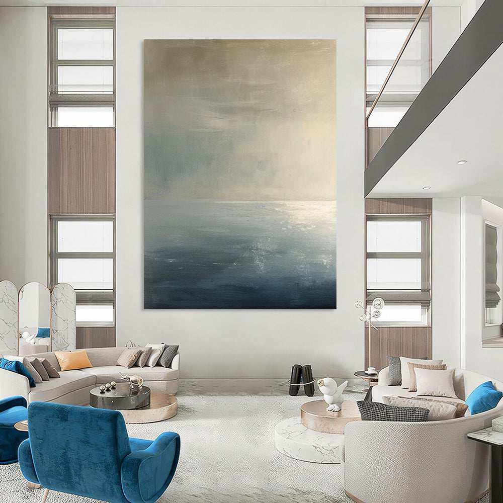 “Monochrome Abstract Horizon” - Gray, Blue, White Calm Layers Painting On Canvas DTP299