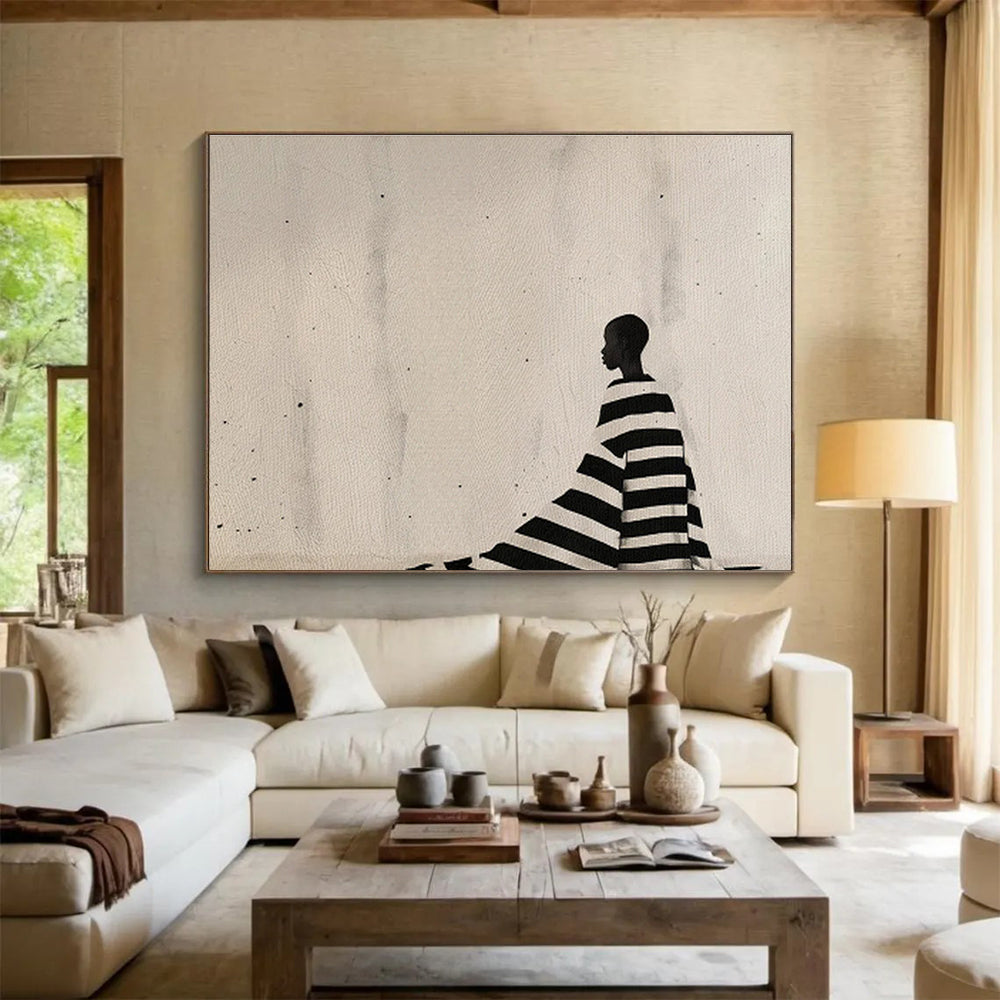 Silhouette in Striped Cloak Black - and - White Painting On Canvas DKH228