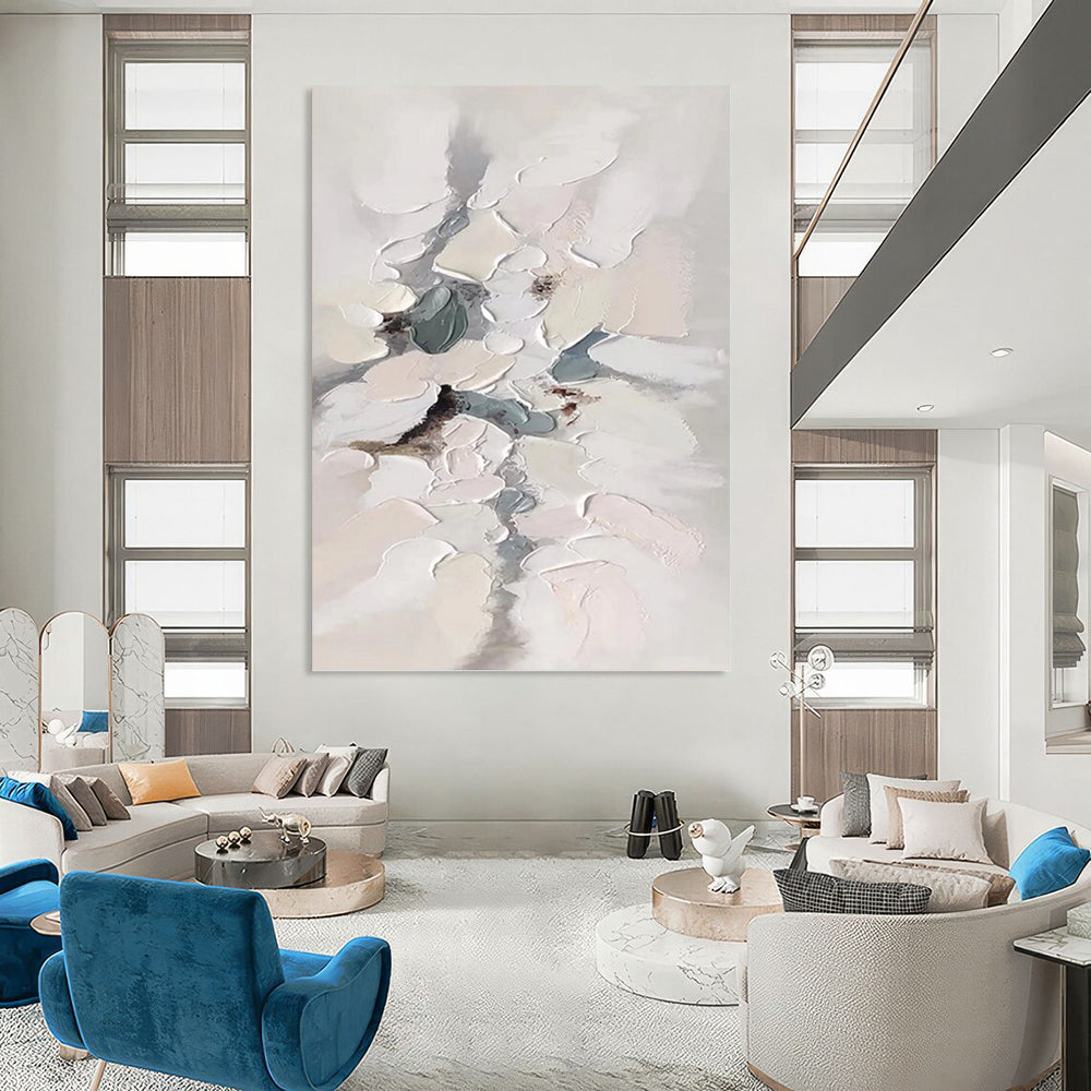 “Soft Impasto Blooms” - White, Gray & Blue Textured Abstract Painting On Canvas DKH1174