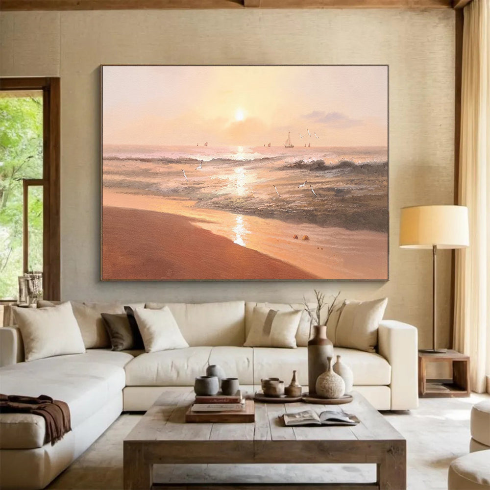 “Sunset Beach Serenade” - Orange, Pink & Gold Romantic Seascape Painting On Canvas DLZ264