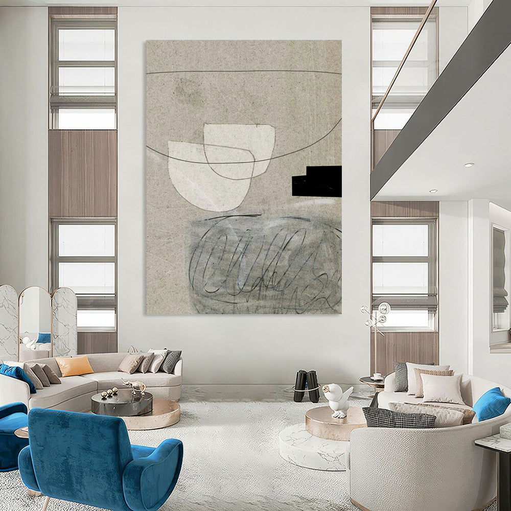 “Minimalist Paper Collage” - Beige, White, Black Mixed - Media Art On Canvas DTP238