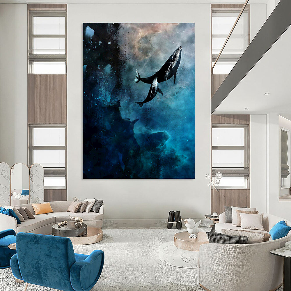 “Cosmic Whale Odyssey” - Blue, Black & White Surrealist - Inspired Painting On Canvas DKH0933