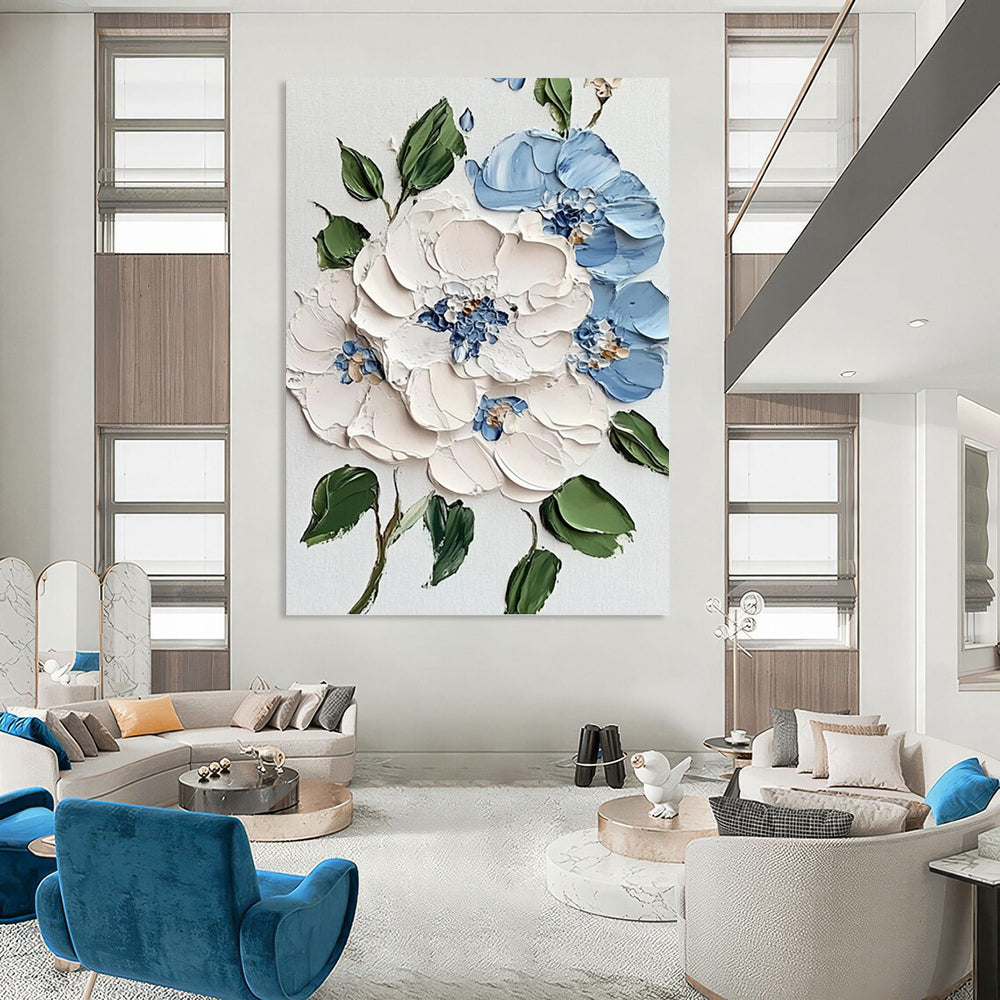 Blue, White and Green Floral 3D Effect - Impasto Flower Painting On Canvas DKH1387