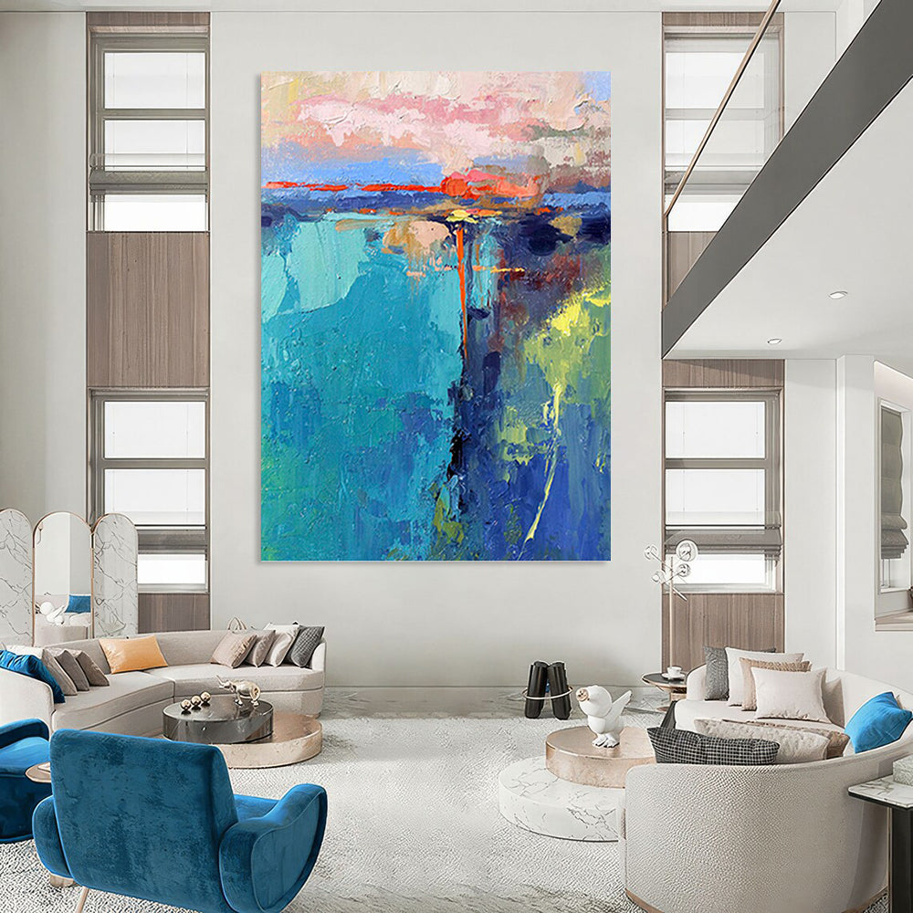 “Colorful Abstract Sunset” - Blue, Pink, Orange & Green Landscape - Inspired Painting On Canvas DKH1030