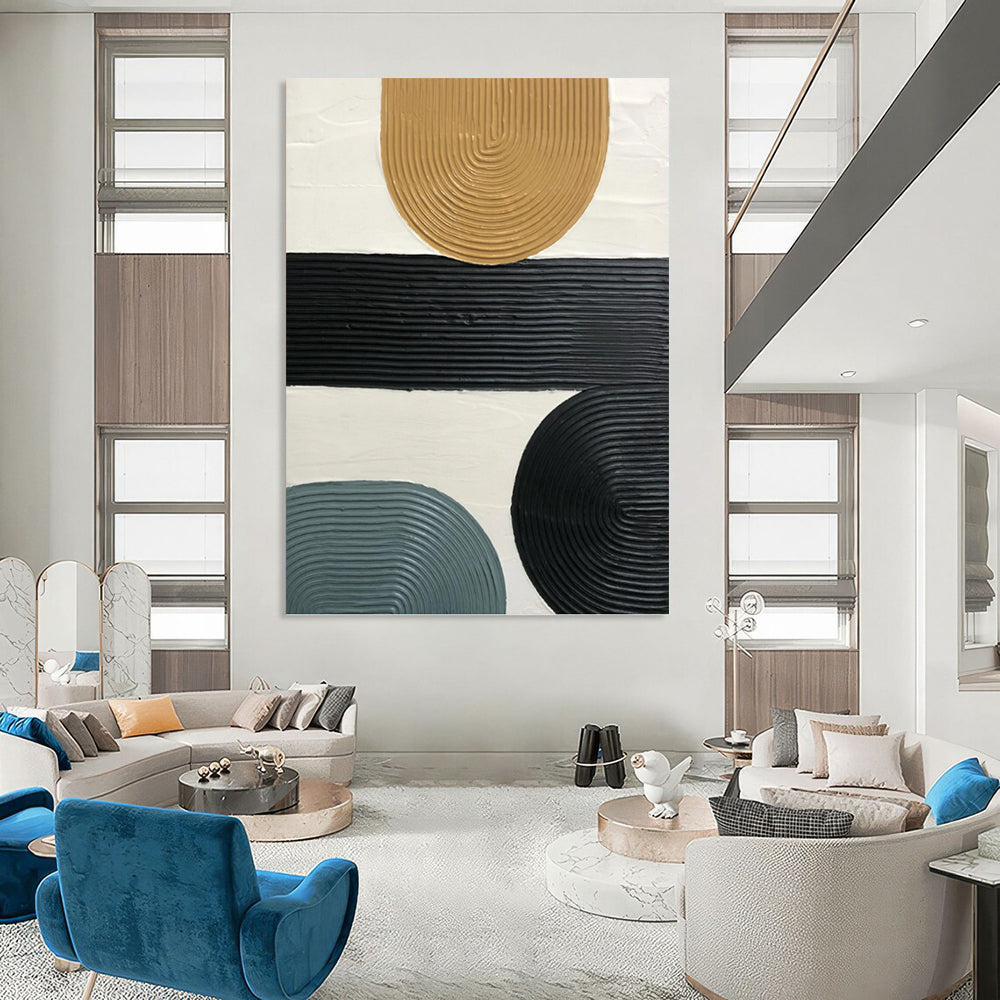 “Neutral Geometric Ribbons” - Black, Tan & Blue Textured Shapes Painting On Canvas DKH1177