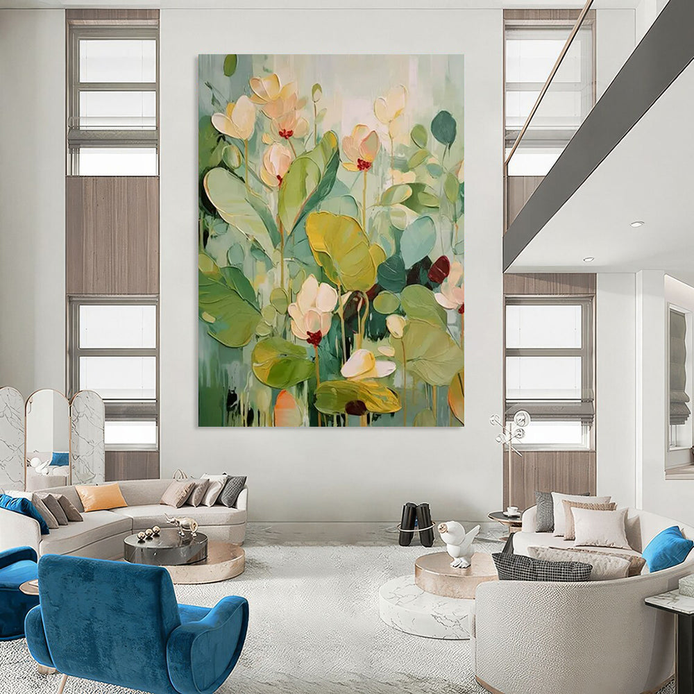 “Textured Flowers 1” - Green & White Floral Painting On Canvas CT2236
