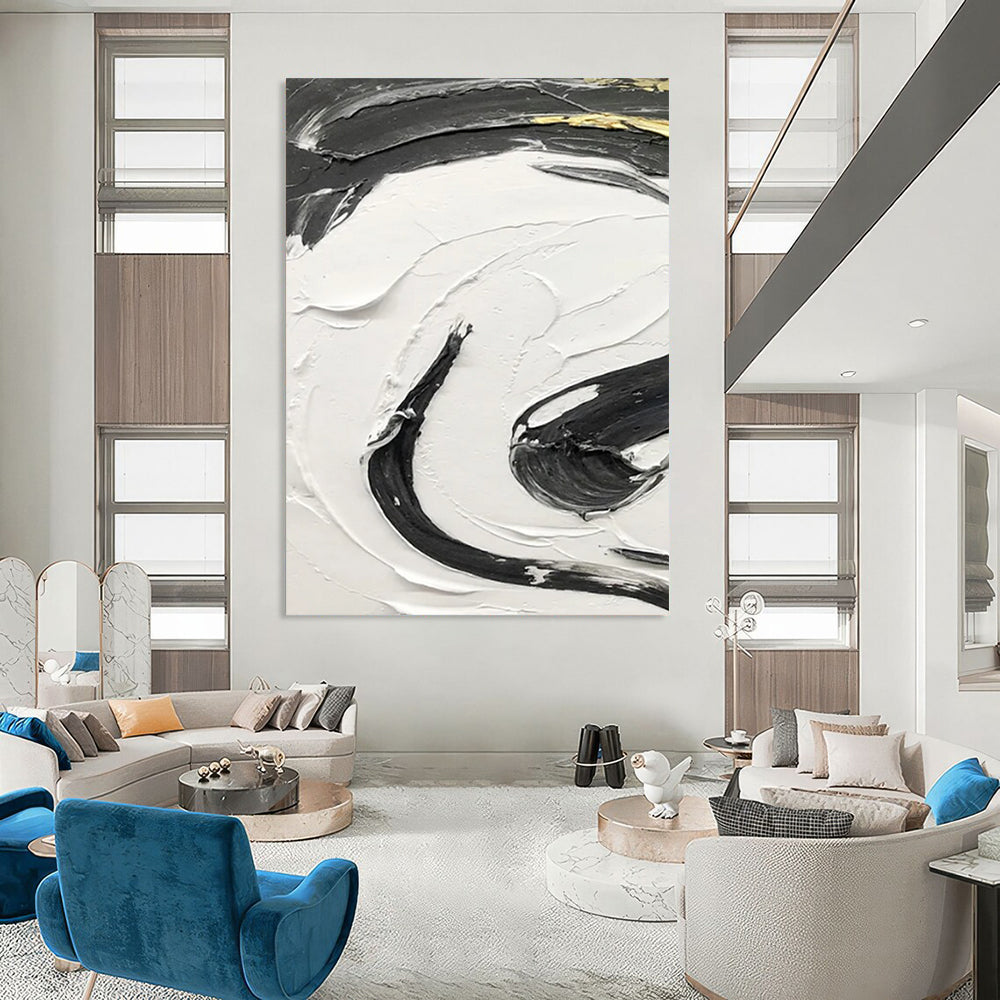 “Black, White, Gold Textured Swirls ‘Opulent Energy’” - Impasto Abstract Painting On Canvas DTP378