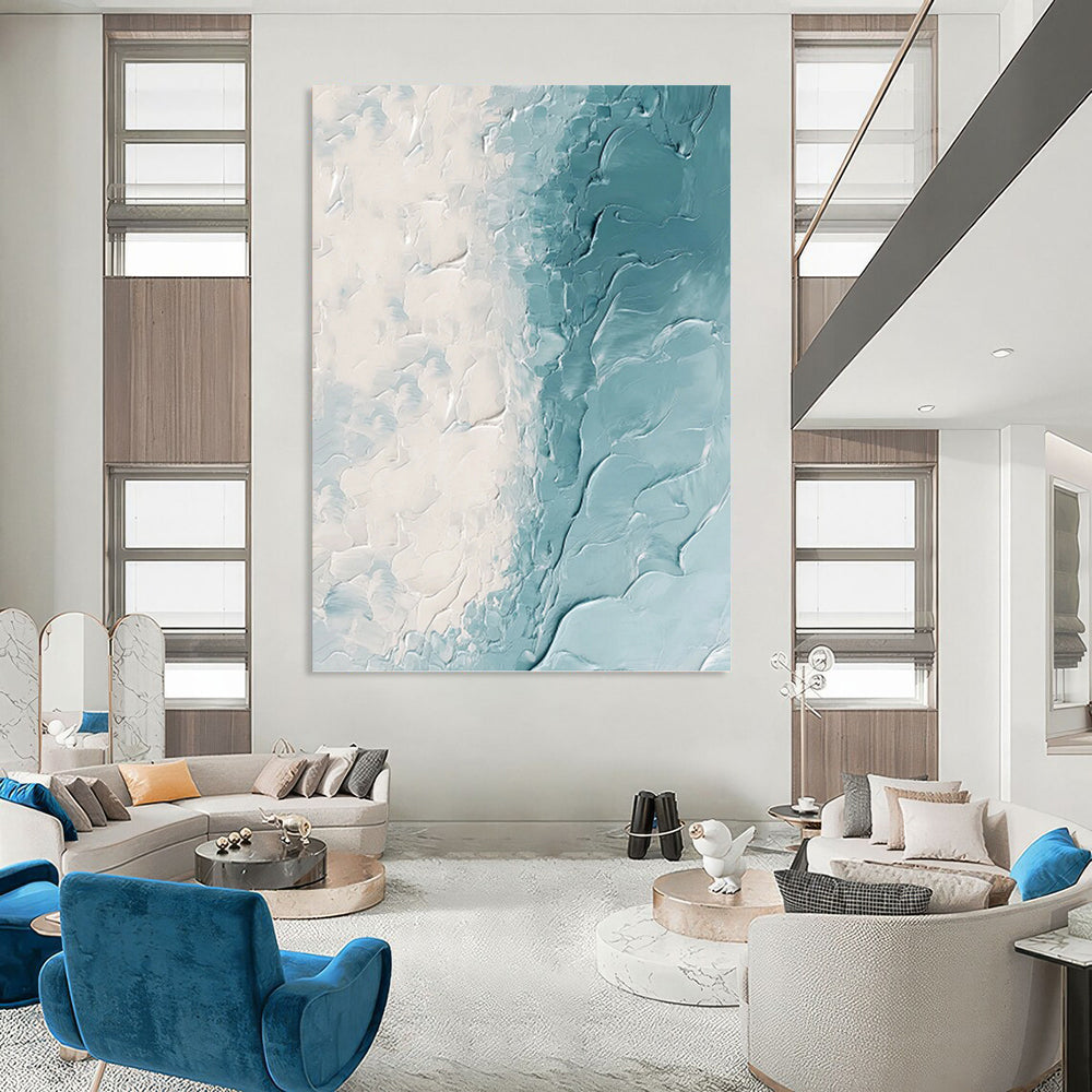White & Teal Textured Flow - Abstract Impasto Painting On Canvas DKH1250