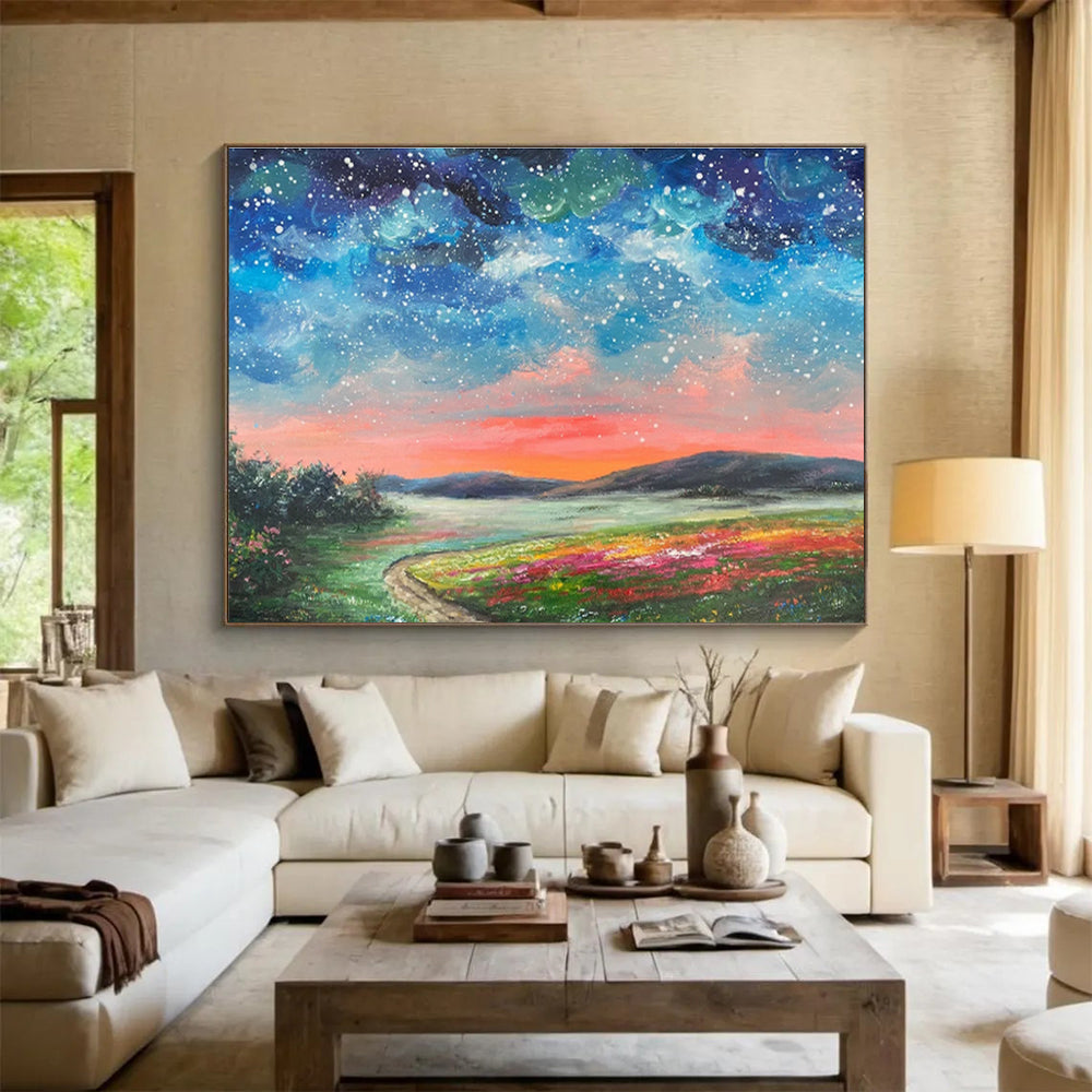 Starry Sky and Colorful Field “Enchanted Night Landscape” Painting On Canvas DKH122