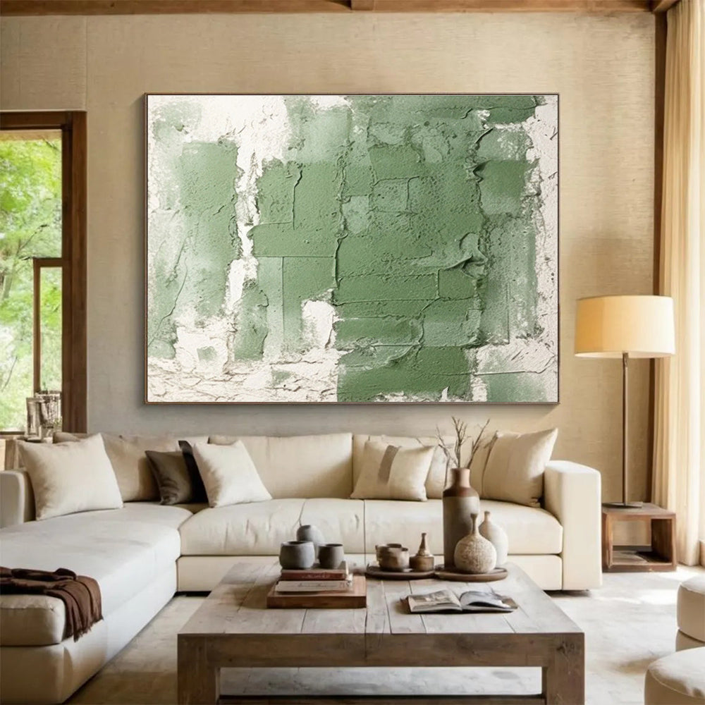 Textured Green and White Abstract Painting On Canvas DKH274