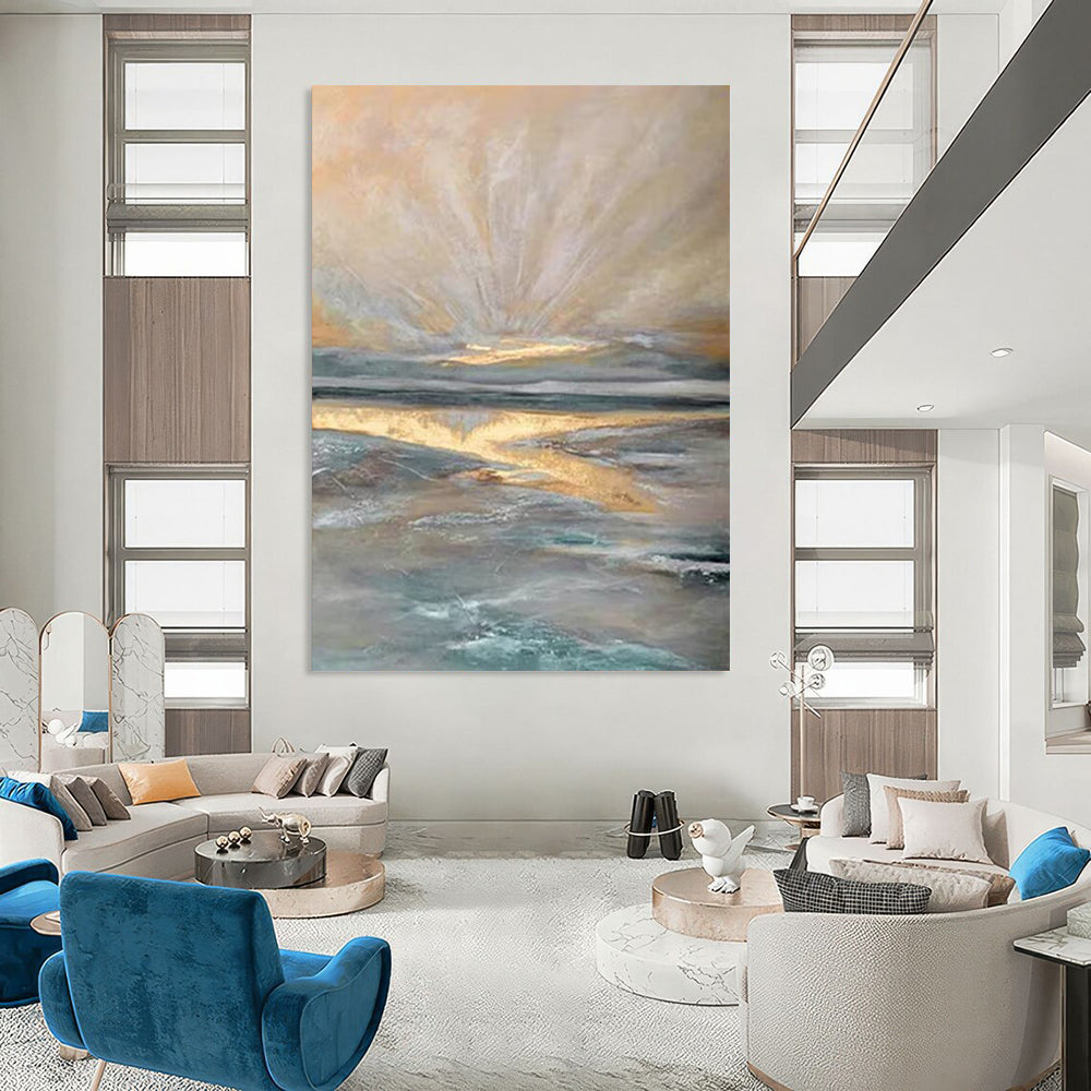 “Golden Horizon - Gold, Blue, Gray Ethereal Seaside” Painting On Canvas DTP264