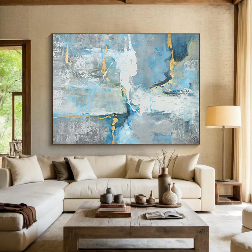 “Blue & Gold Abstract Flow” - Blue, Gray, Gold Abstract Expressionist Painting On Canvas DKH756