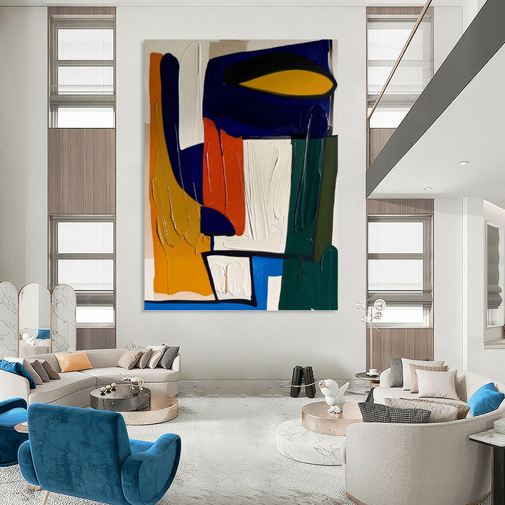 “Bold Geometric Palette” - Blue, Orange, Yellow & Green Abstract Shapes Painting On Canvas DKH1187