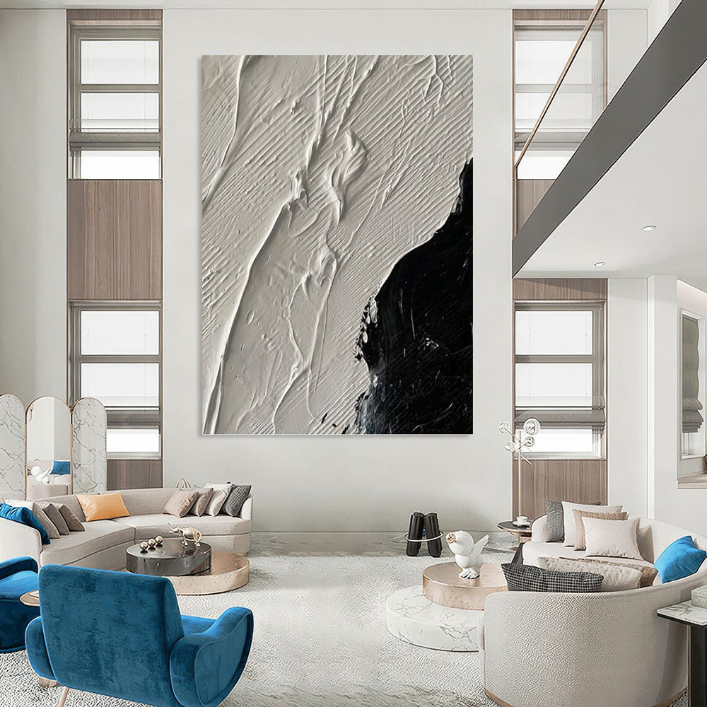 White and Black Textured Contrast - Abstract Painting On Canvas DKH1328