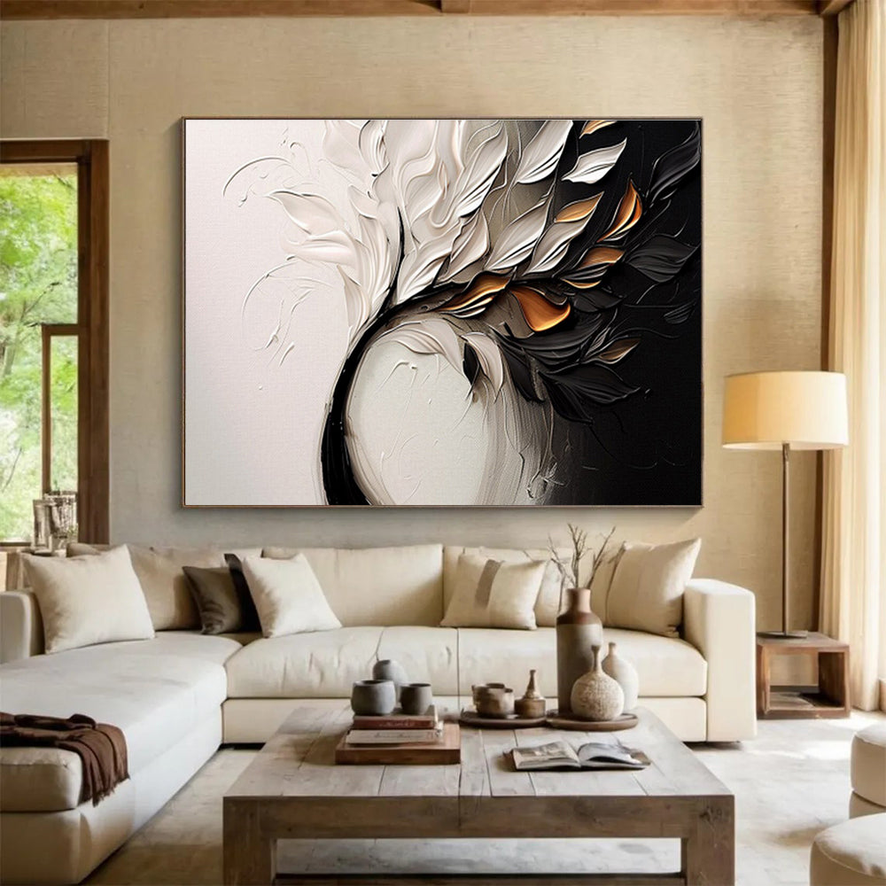 “Textured White & Gold Foliage” - White, Black, Gold 3D Floral Painting On Canvas DKH748