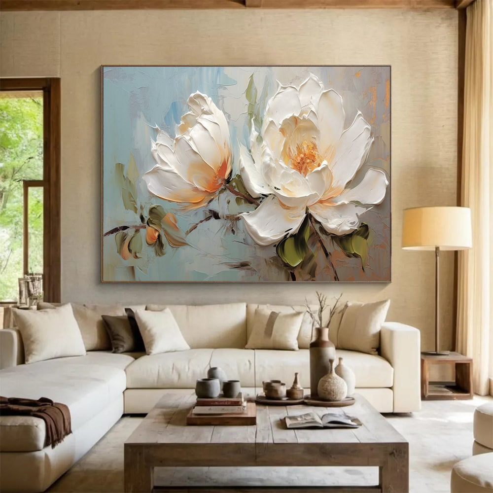 White Peonies with Textured Petals - Impasto Floral Painting On Canvas DLZ174