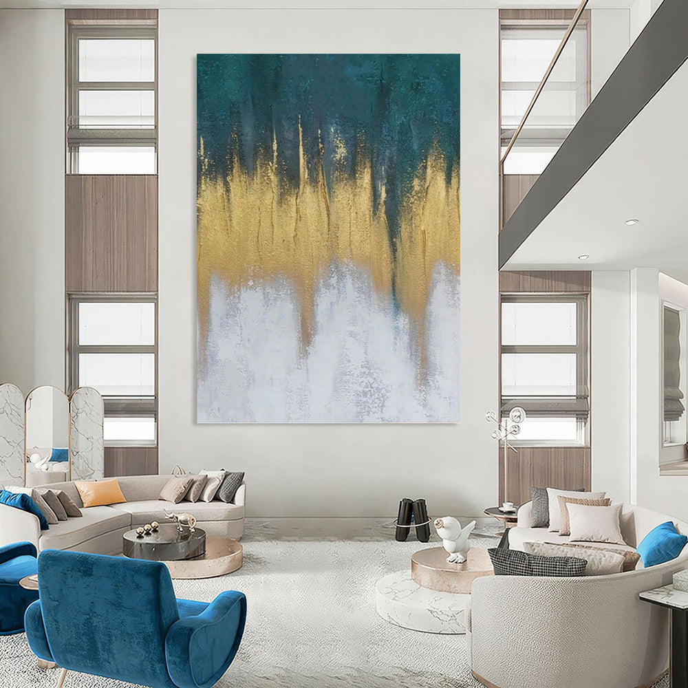 “Teal - Gold - White Abstract Drips” Painting On Canvas DKH1235