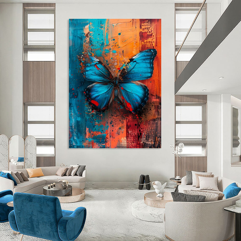 “Vibrant Blue Butterfly” - Blue, Orange & Red Butterfly Painting On Canvas CT2194