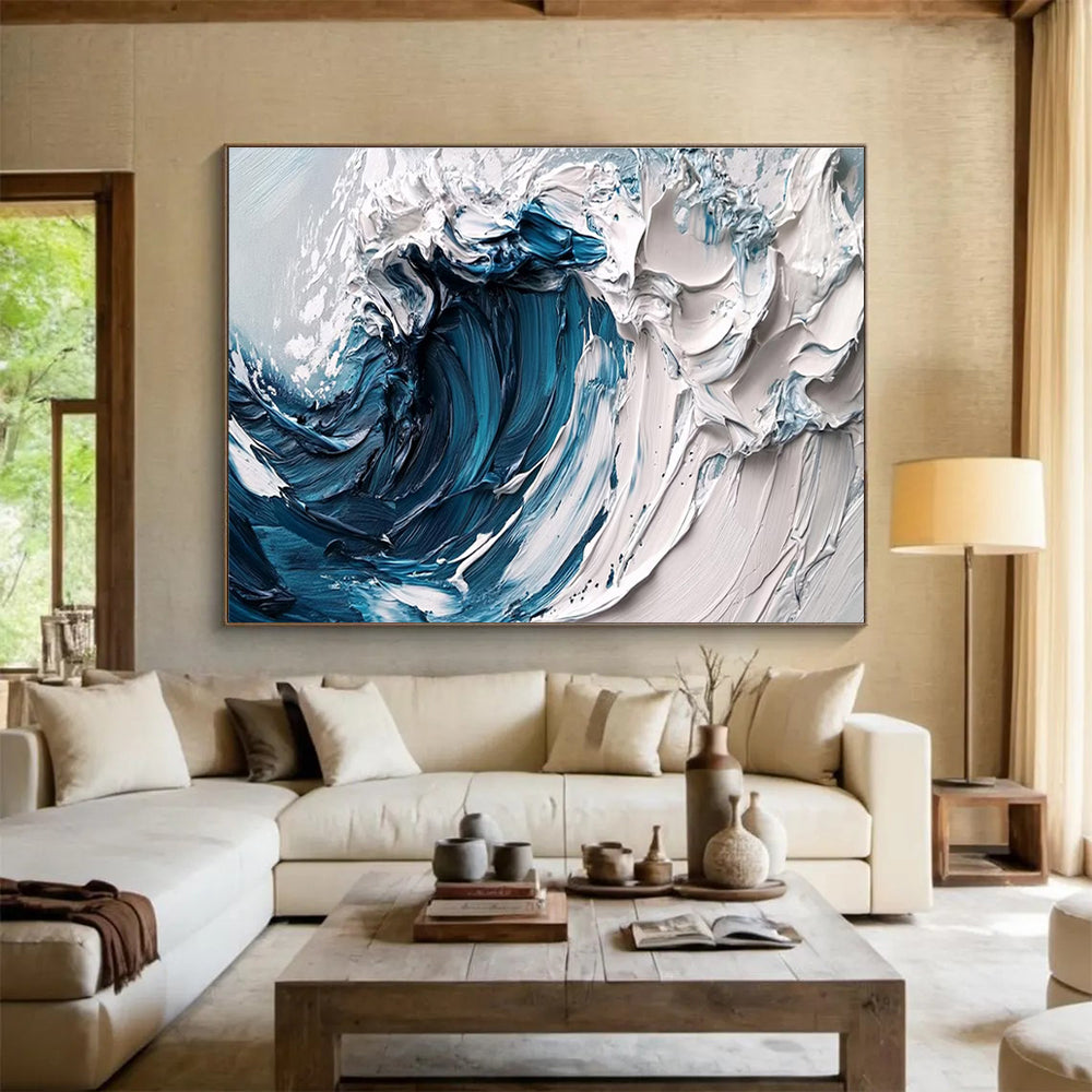Crashing Wave - Deep Blue & White Impasto Seascape Painting On Canvas DKH873