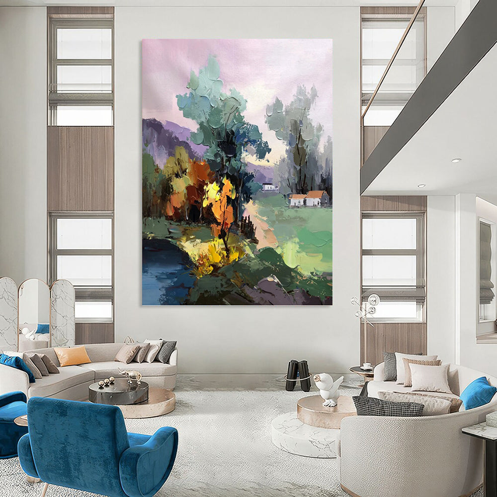 Colorful Village in Pastel Hues - Impressionistic Landscape Painting On Canvas DKH1289