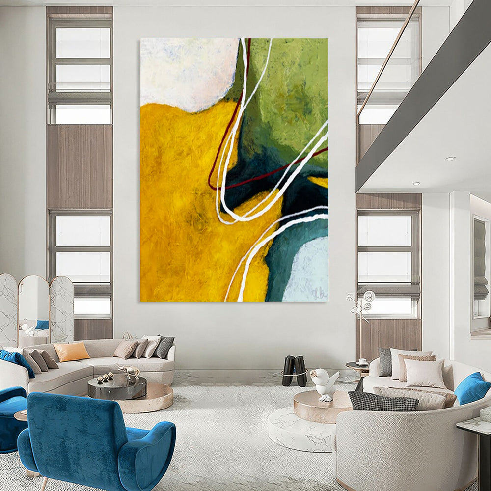 “Vibrant Color Block Abstract - Yellows, Greens, and Flowing Lines” Painting On Canvas CT2386
