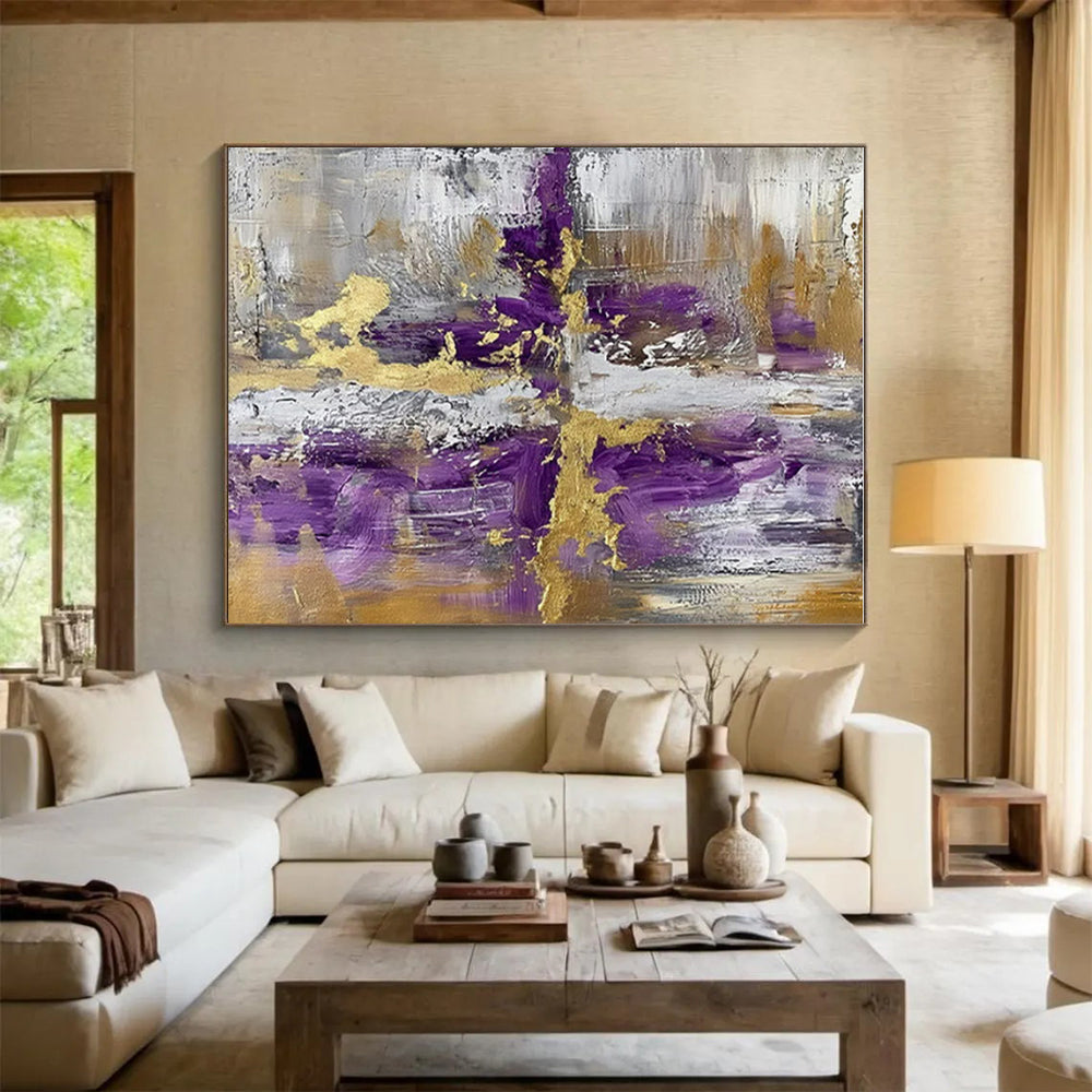 “Purple - Gold - Gray Abstract Cross” ,Abstract Acrylic Painting CT0844