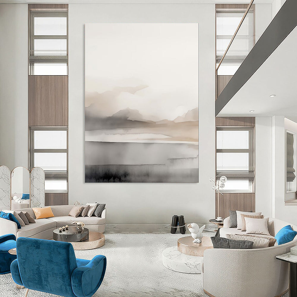 “Ink - Wash Mountain Serenity” – Abstract Watercolor Landscape with Beige and Gray Gradients CT2060