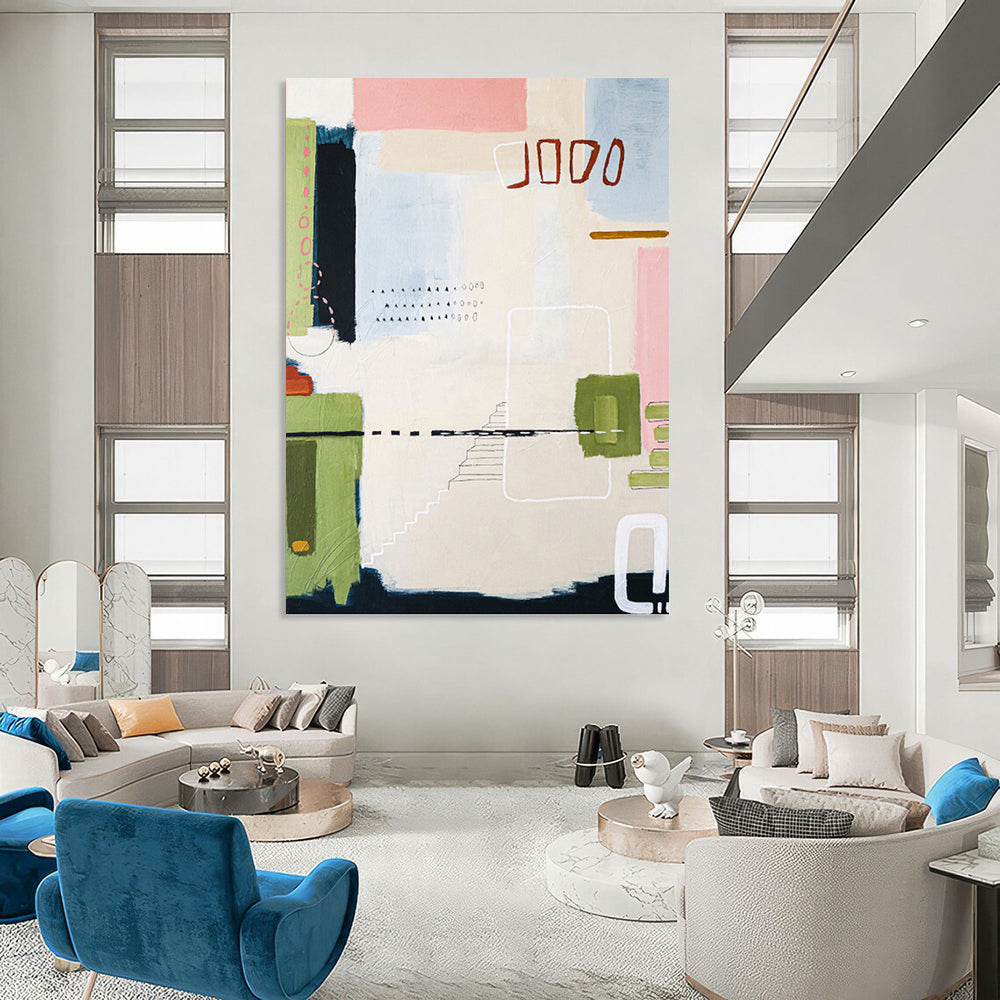 “Pastel - Colored Abstract with Geometric and Dotted Details” - Whimsical Abstract Painting On Canvas DKH1109