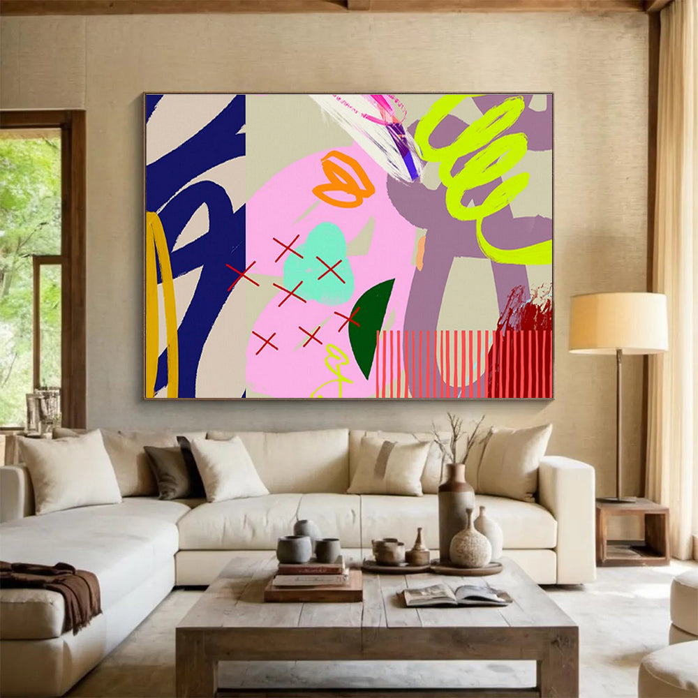 Bold Graphic Abstract in Pink, Neon, and Patterns Painting On Canvas DKH200
