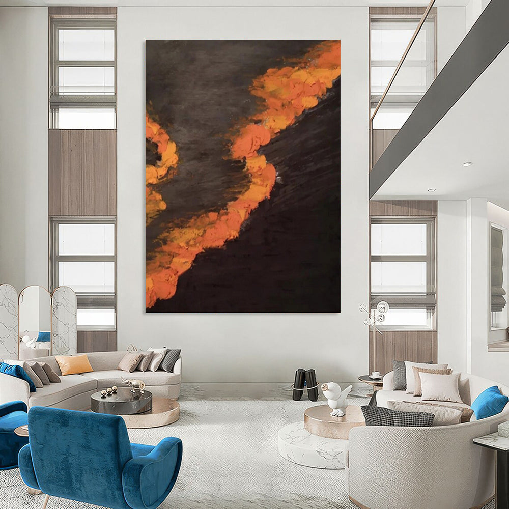 “Dark - Toned Orange Streaks” - Black & Orange Expressive Painting On Canvas DKH0961