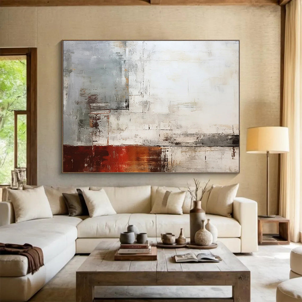 Neutral Abstract with Red Accent - Muted Tones and Subtle Layers Painting On Canvas DKH043